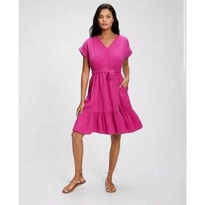 GAP Women's Pink Short Sleeve Bow V-Neck Tiered Fit & Flare Midi Dress Size XXL